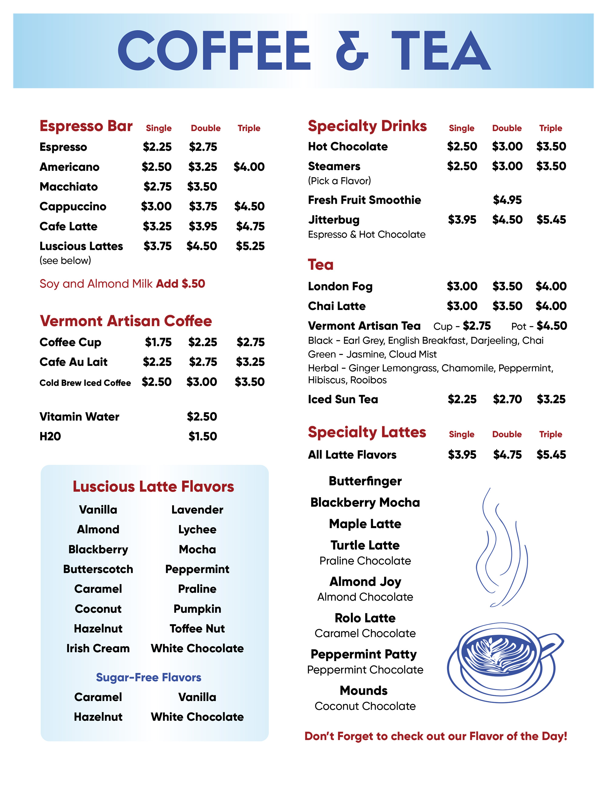 coffee and tea menu